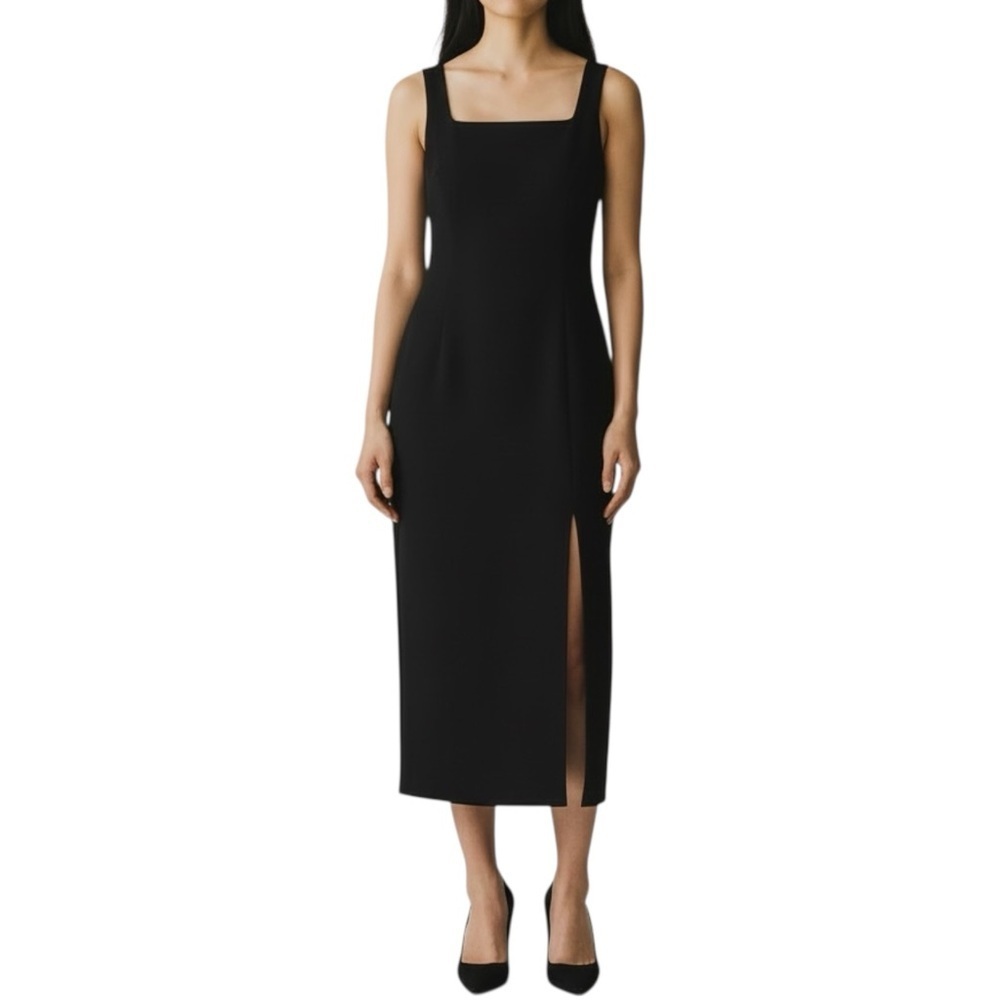 Laura Ashley Black Wool Blend Square Neck Side Split Sheath Midi Dress Size 6